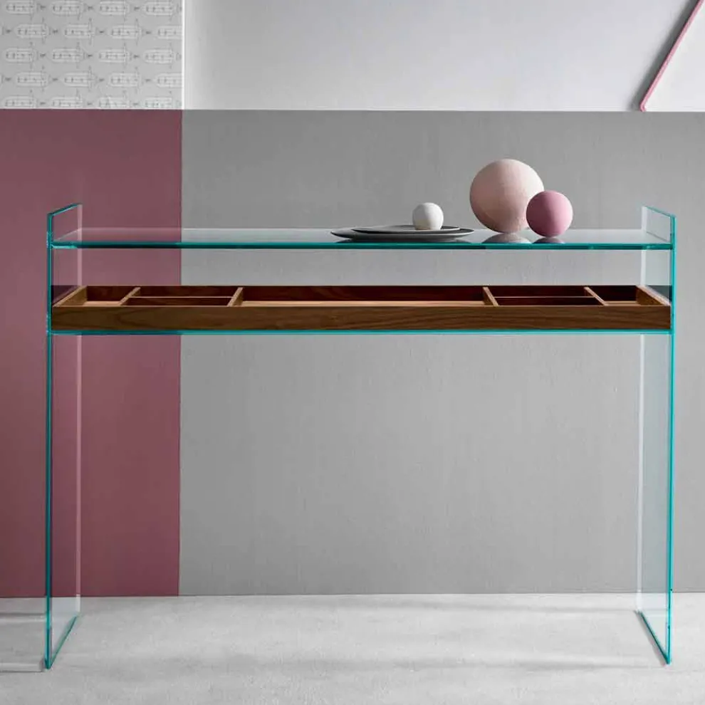 Design Consolle aus extraklarem Glas mit Tablett Made in Italy - Imperativo
