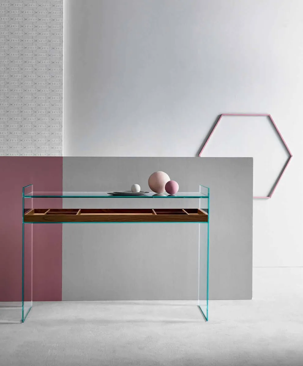Design Consolle aus extraklarem Glas mit Tablett Made in Italy - Imperativo