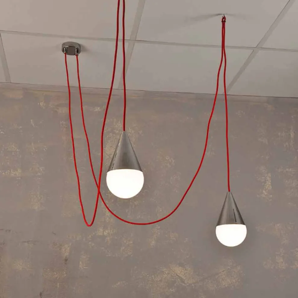 Design Hängelampe mit 2 Lichtern mit rotem Kabel Chrome
