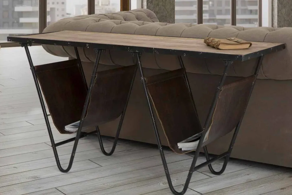 Designer Zeitungstisch aus Eisenholz und Kunstleder - Marilena