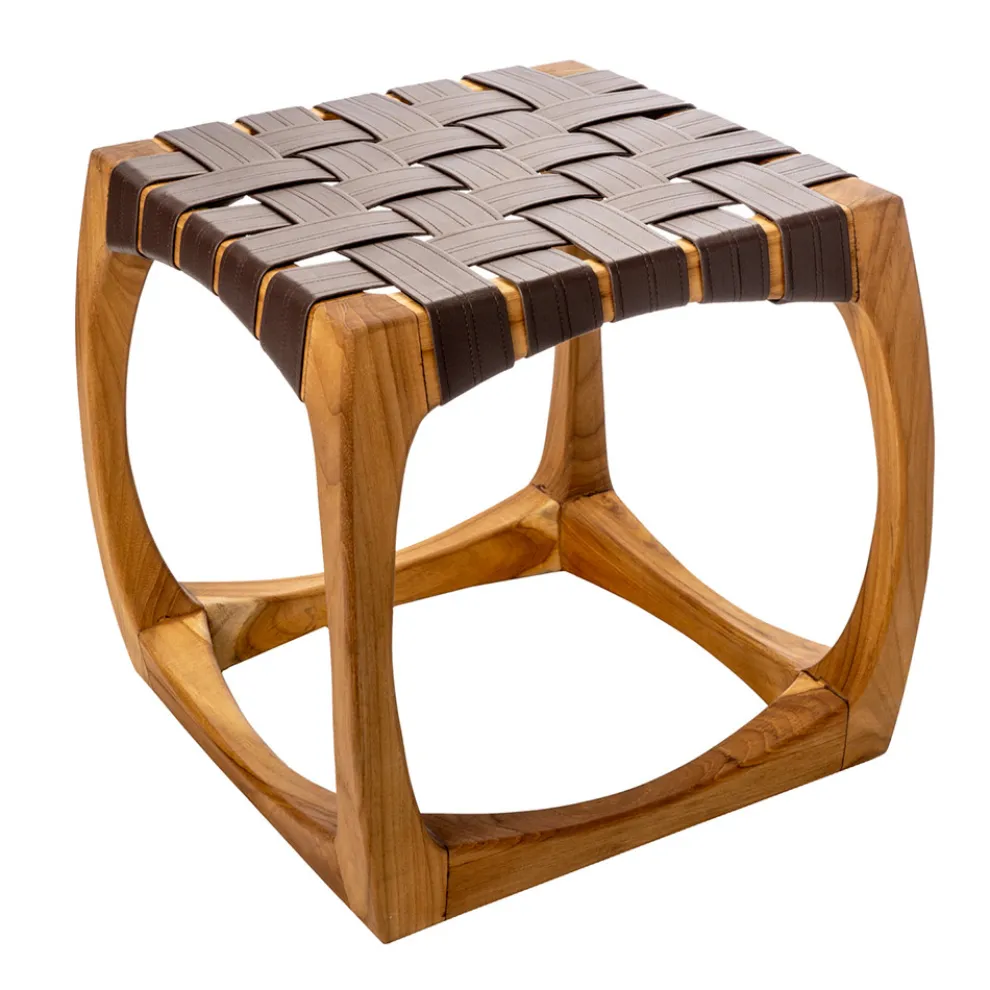 Designer-Badezimmerhocker aus Teakholz mit geflochtener Sitzfläche – Yucca