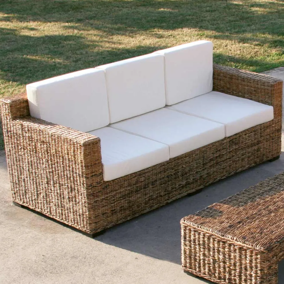 3-Sitzer-Sofa mit Bananengeflechtstruktur und ecrufarbenen Kissen - Dish