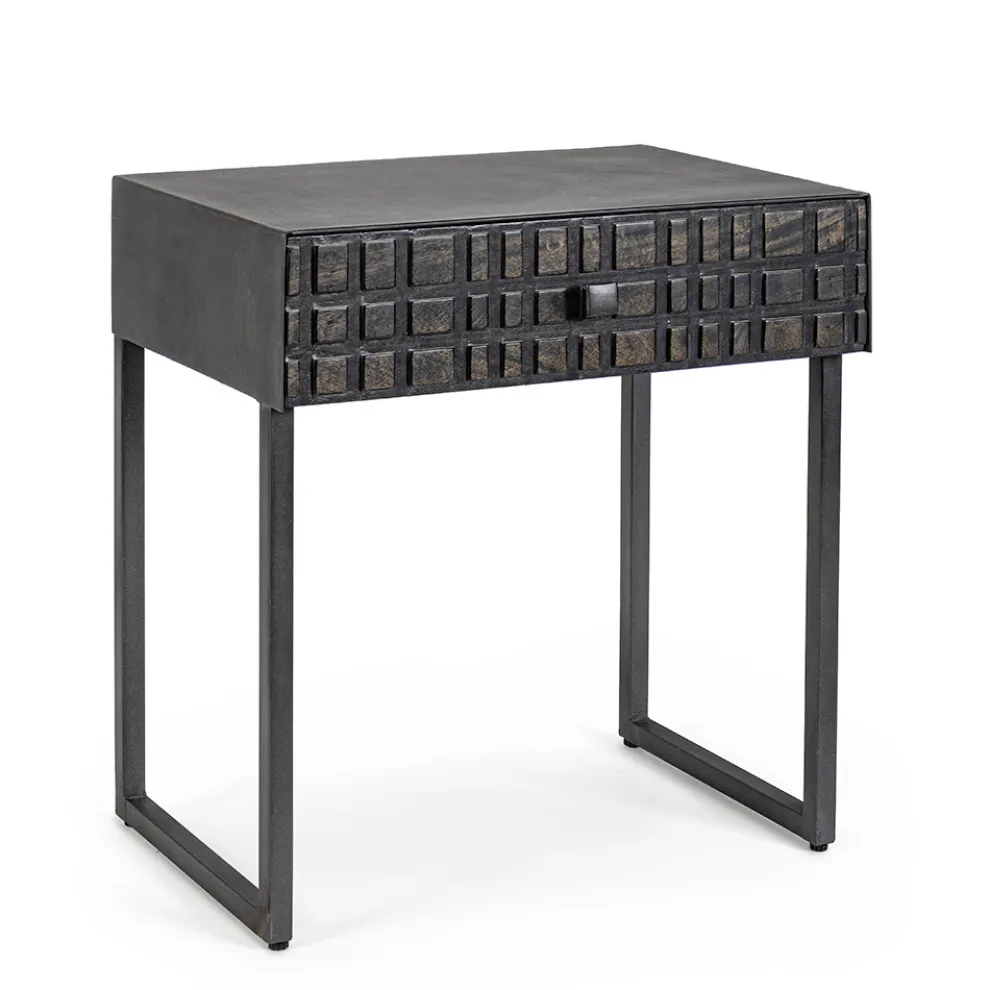 Nachttisch aus Stahl und Mangoholz im ethnischen Design - Mireo