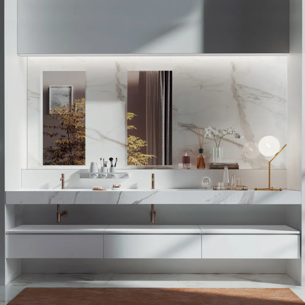 Doppelte Badezimmerkomposition mit rechteckigem Spiegel und Waschbecken, hergestellt in Italien – Palom