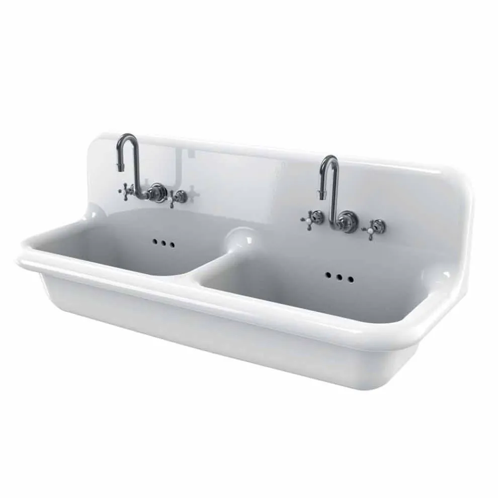 Doppelwandwaschbecken in weißer Keramik im Vintage-Stil Andy