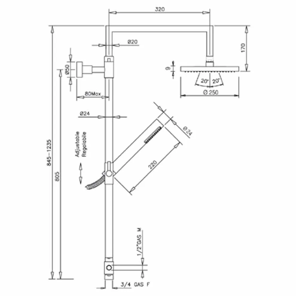 Duschsäule aus verchromtem Messing mit Bauchmuskel-Handbrause made in Italy - Selvio