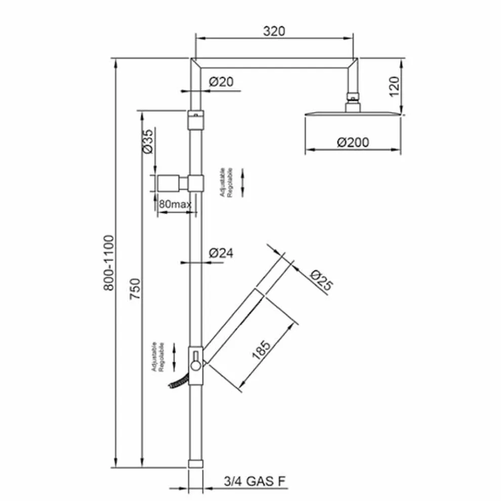 Duschsäule aus verchromtem Messing mit ultraschlankem Duschkopf Made in Italy - Primo