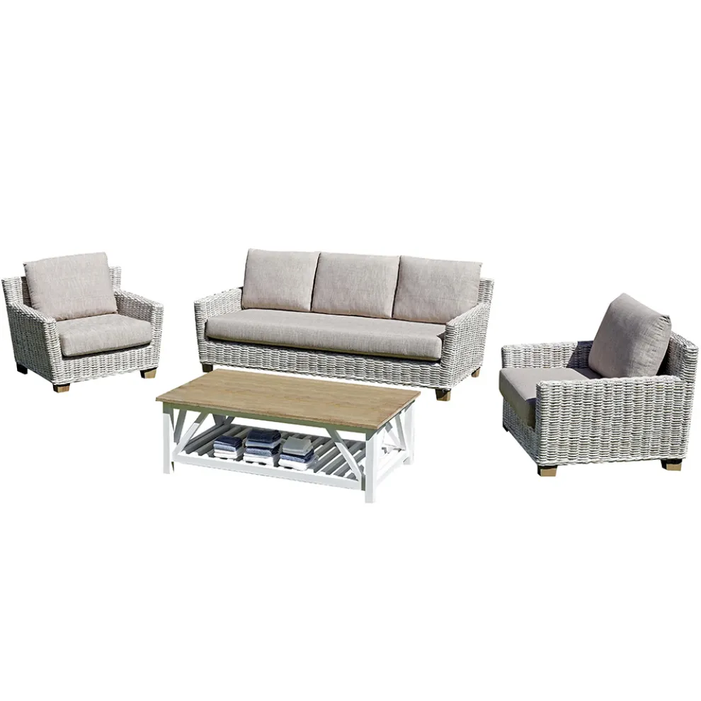 Lounge im Freien mit Couchtisch aus Mangoholz und Polycotton-Kissen - Orlanda