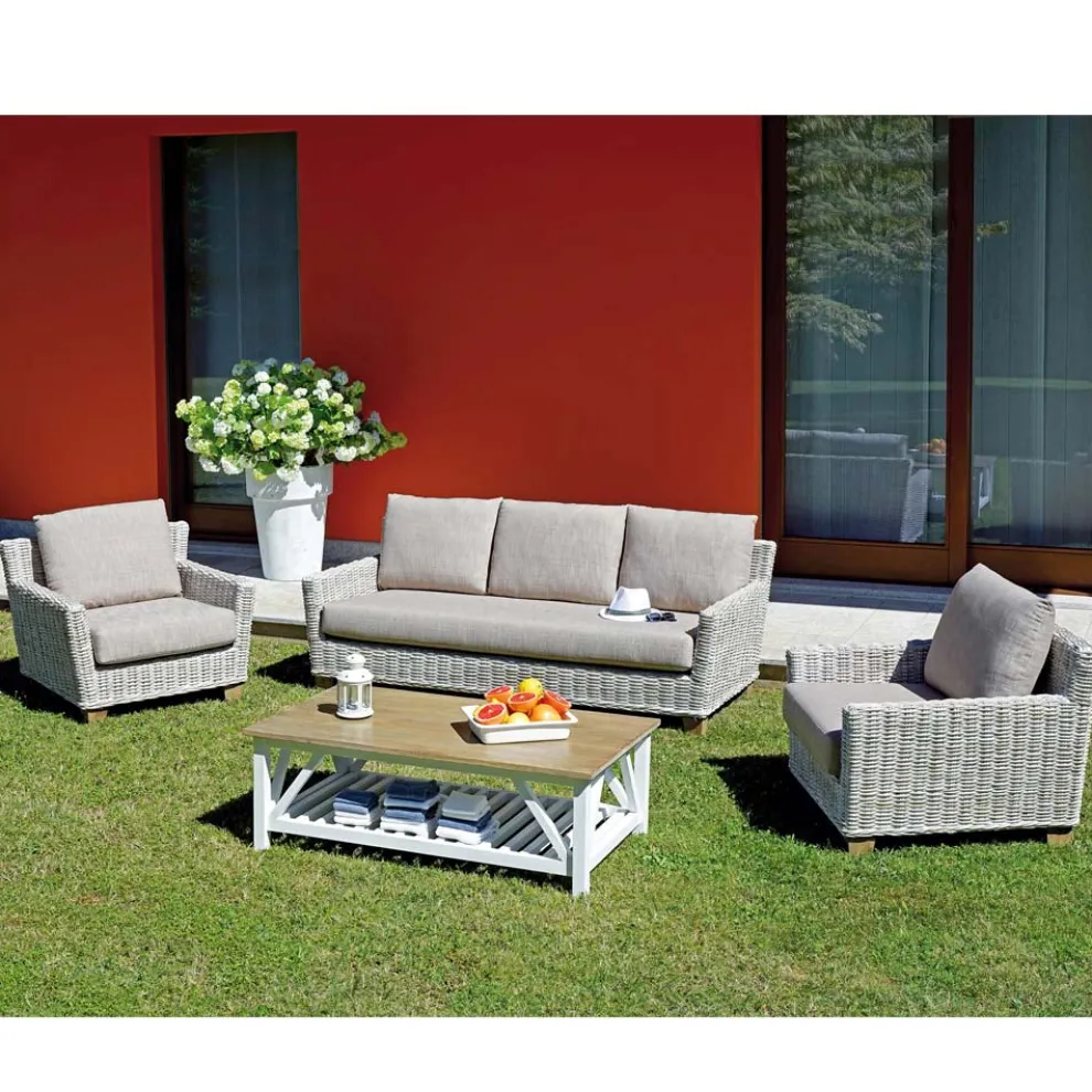 Lounge im Freien mit Couchtisch aus Mangoholz und Polycotton-Kissen - Orlanda