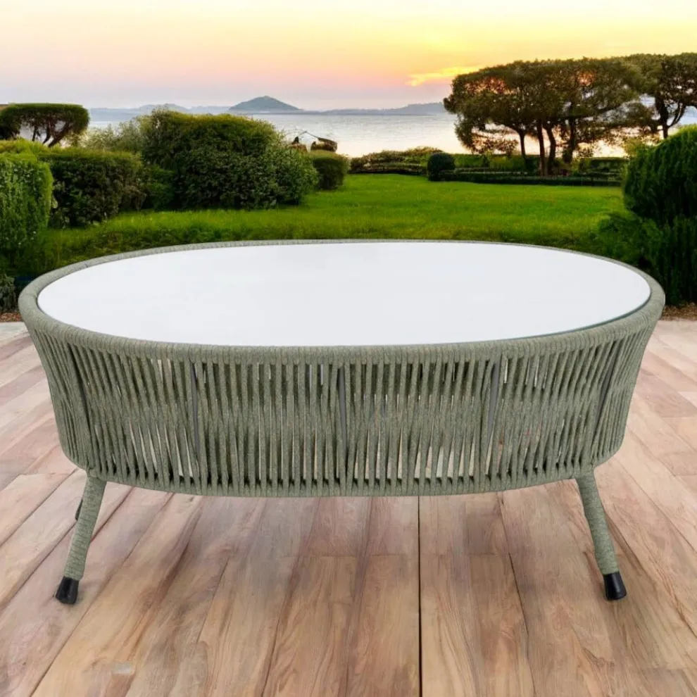 Garten-Couchtisch aus Aluminium, geflochtenem Seil und Glas - Asteria