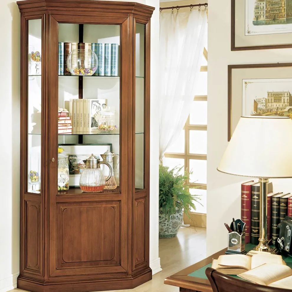 Eckvitrine mit 1 Tür und 2 Glasböden, hergestellt in Italien – Denka