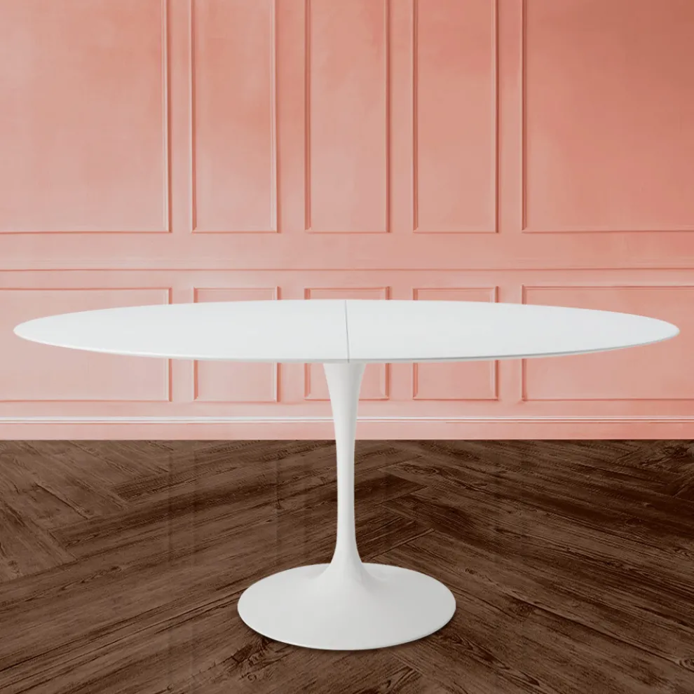 Eero Saarinen Tulip Tisch H 74 Oval ausziehbar aus weißem Flüssiglaminat - Scharlachrot
