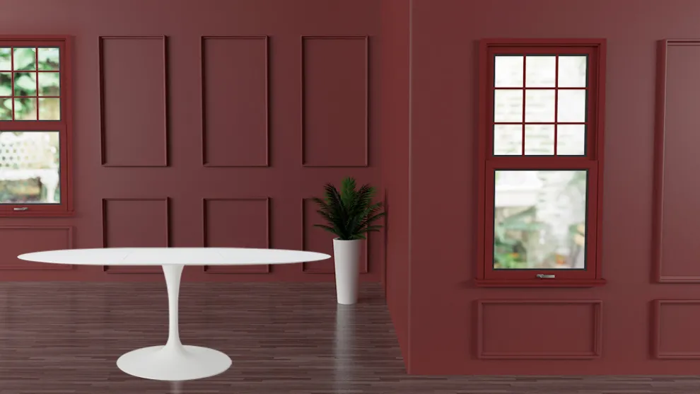 Eero Saarinen Tulip Tisch H 74 Oval ausziehbar aus weißem Flüssiglaminat - Scharlachrot