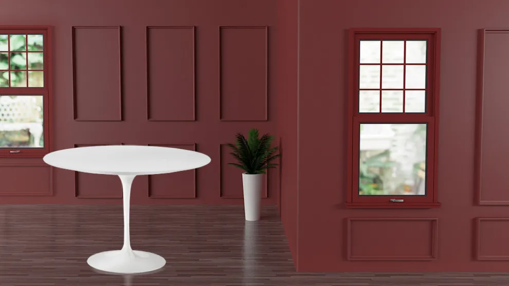 Eero Saarinen Tulip Tisch H 74 mit weißer MDF-Platte aus Flüssiglaminat - Scharlachrot