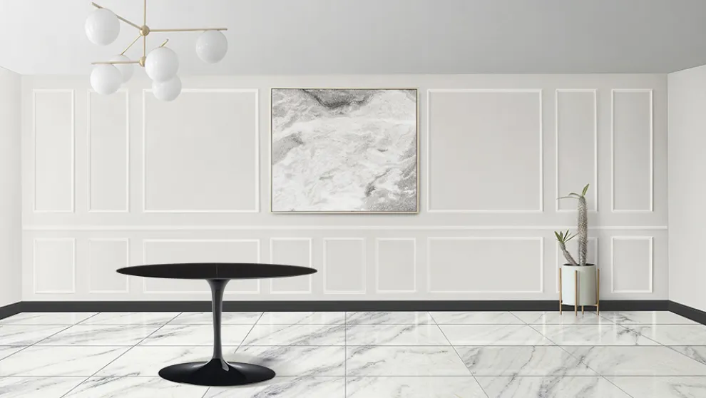 Eero Saarinen Tulip Tisch H 74 Oval ausziehbar aus schwarzem Flüssiglaminat - Scharlachrot