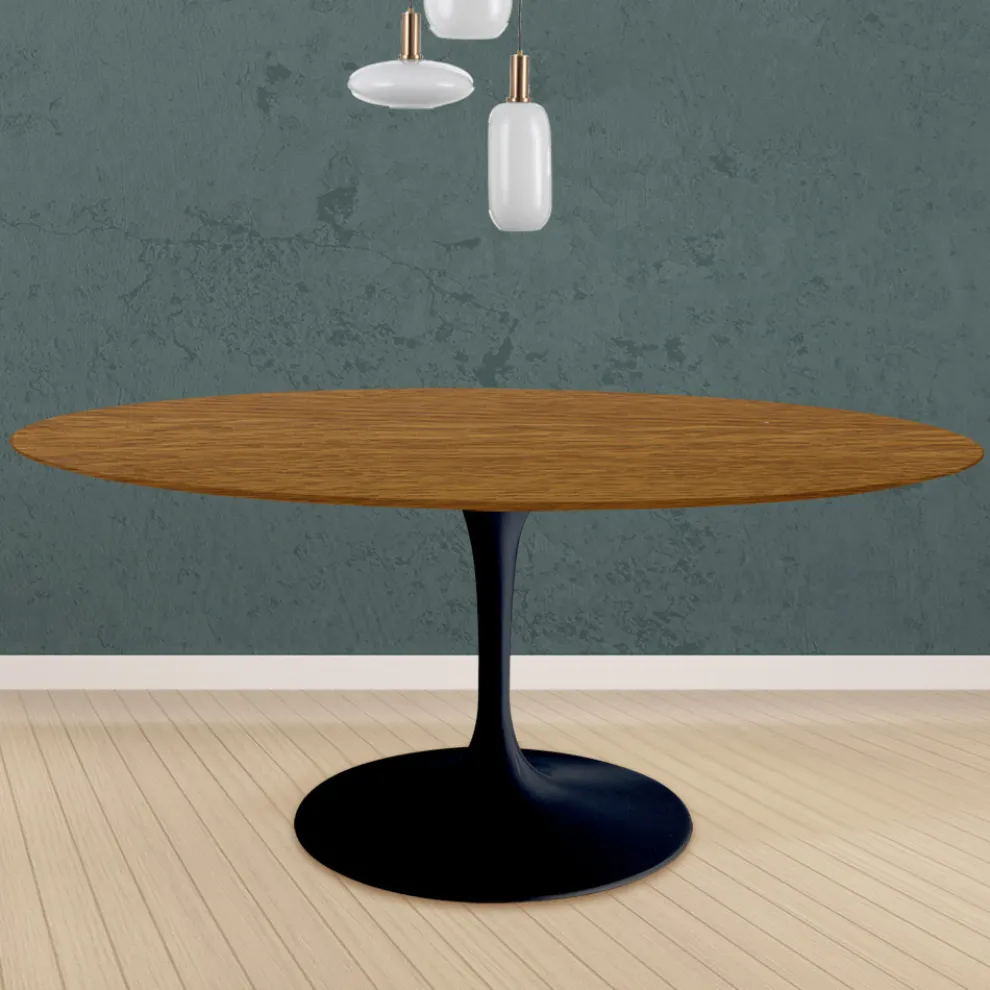 Eero Saarinen Tulip Tisch H 74 Rund in Eiche gebeizt Nussbaum hell Made in Italy - Scharlachrot