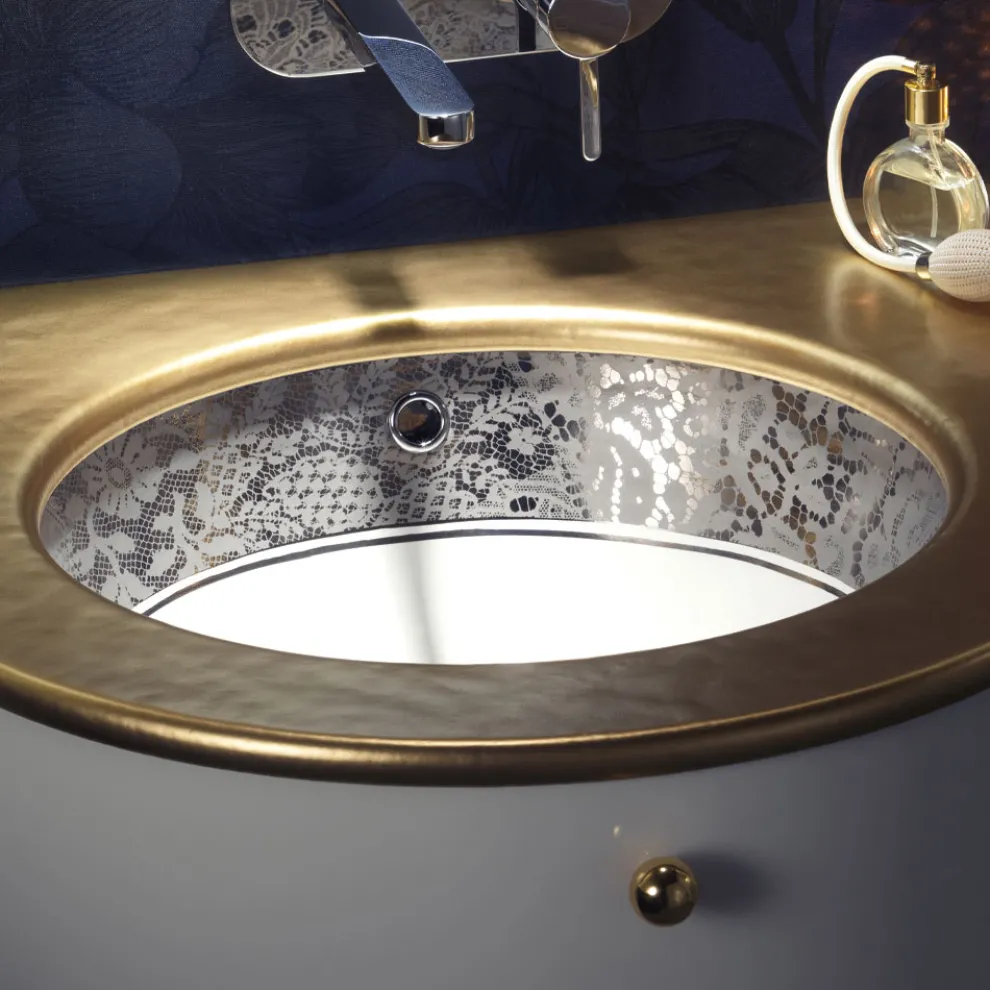 Einbauwaschbecken aus Schamott mit Platin-Spitzenband, hergestellt in Italien – Erioli