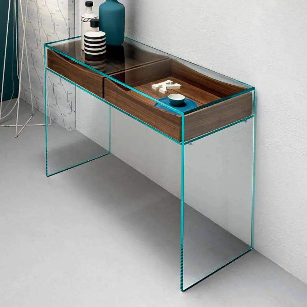 Eingangskonsole aus extra klarem Glas mit 2 Schubladen aus Nussbaum Canaletto - Selex