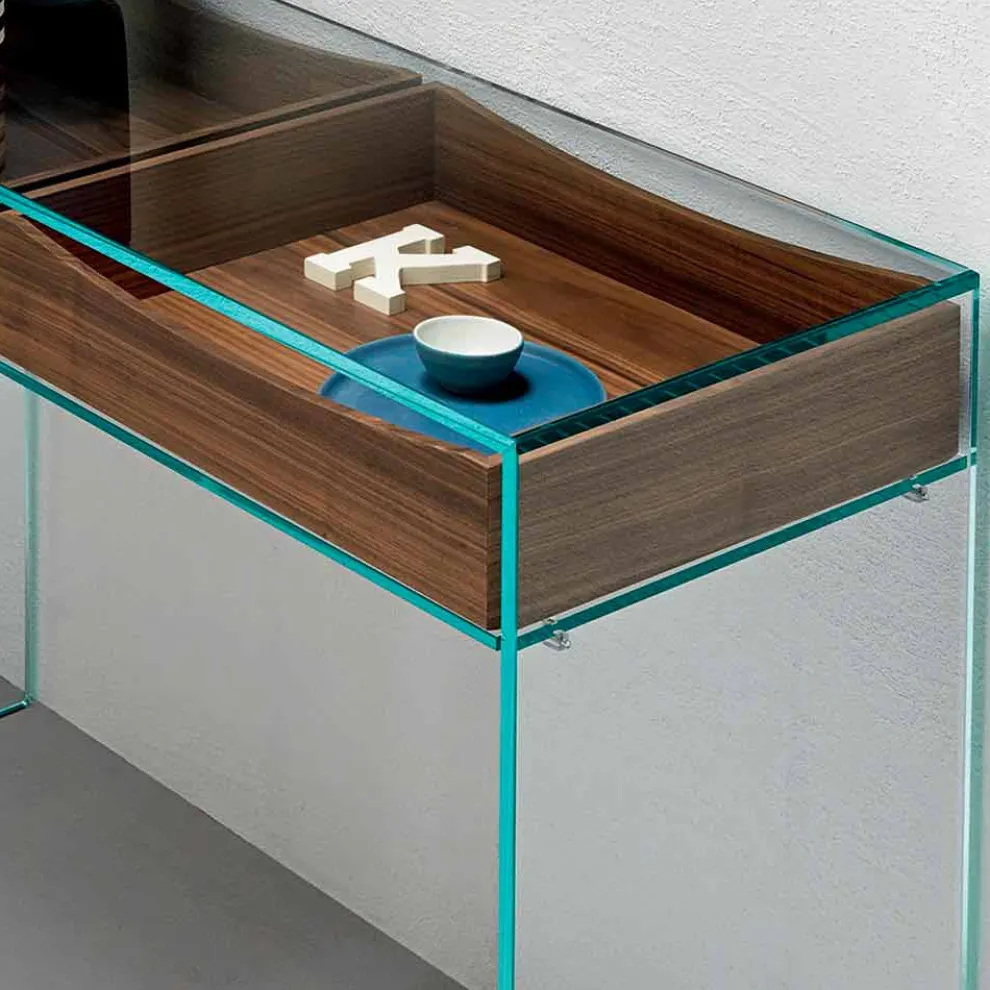 Eingangskonsole aus extra klarem Glas mit 2 Schubladen aus Nussbaum Canaletto - Selex