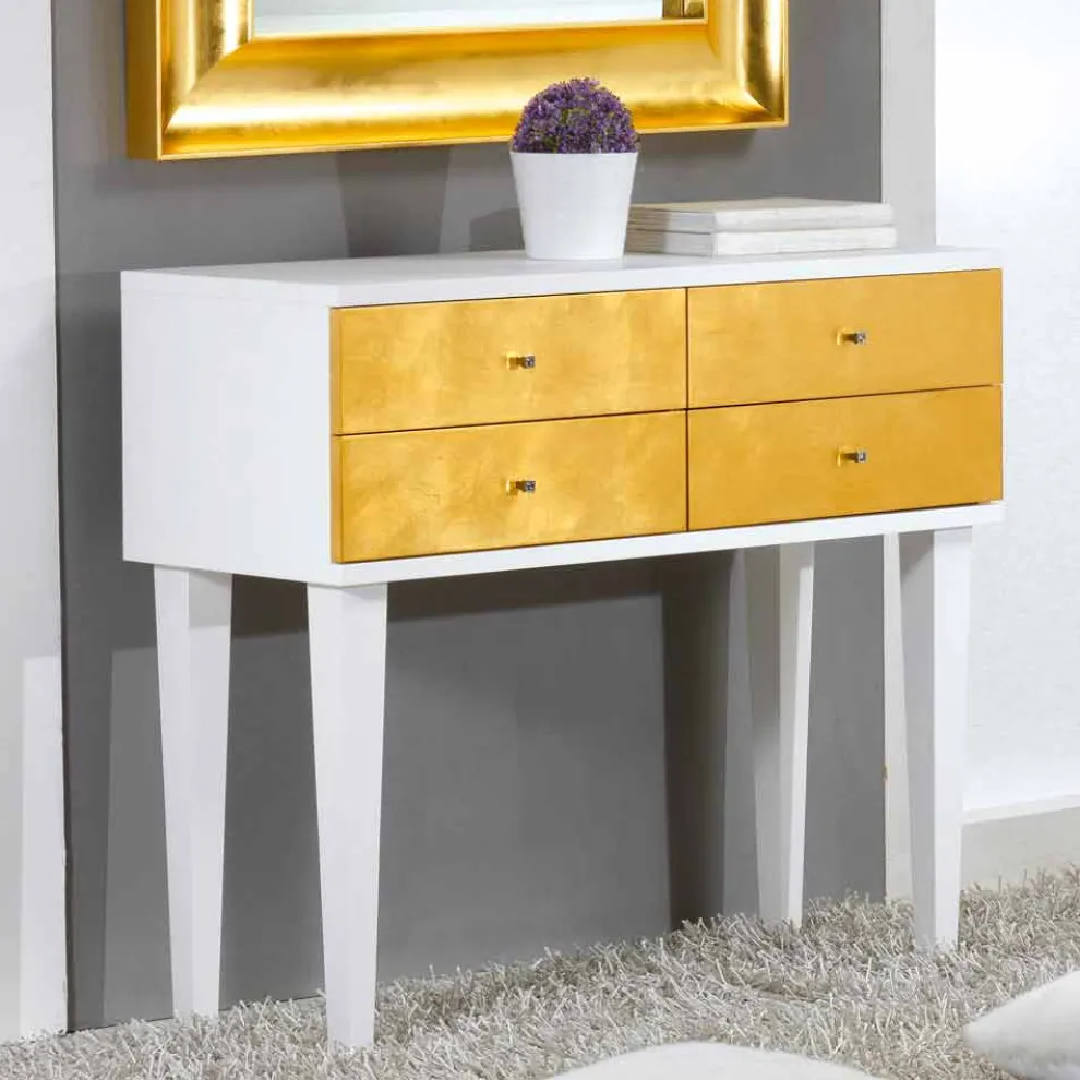 Kommode im Scandinavian Style weiß mt 4 Schubladen in Blattgold