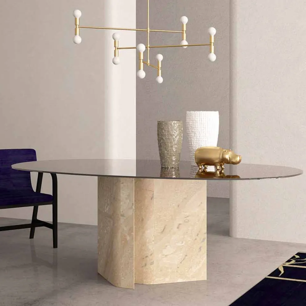 Ellipsentisch aus Kristall und Marmor Beige Coralle Made in Italy – Noccia