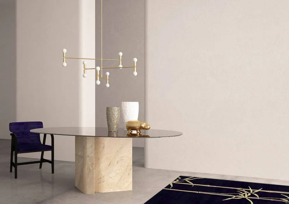 Ellipsentisch aus Kristall und Marmor Beige Coralle Made in Italy – Noccia