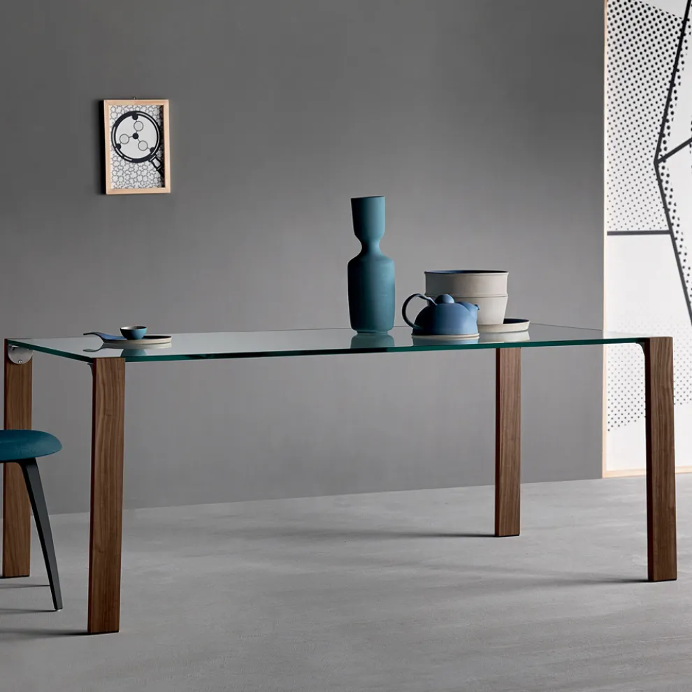 Esstisch aus Glas und Beine aus Eiche oder Nussbaum Canaletto - Aschio