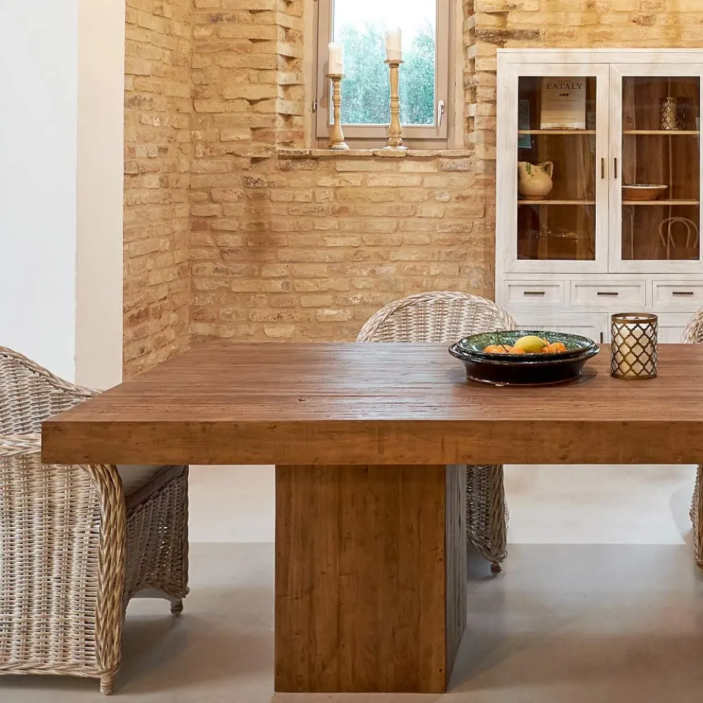 Esstisch aus recyceltem Tropenholz mit doppelter Basis - Slide