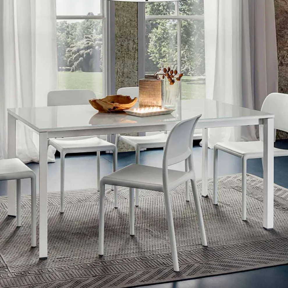 Esstisch aus weißem Glas und lackiertem Metall Made in Italy - Brooch