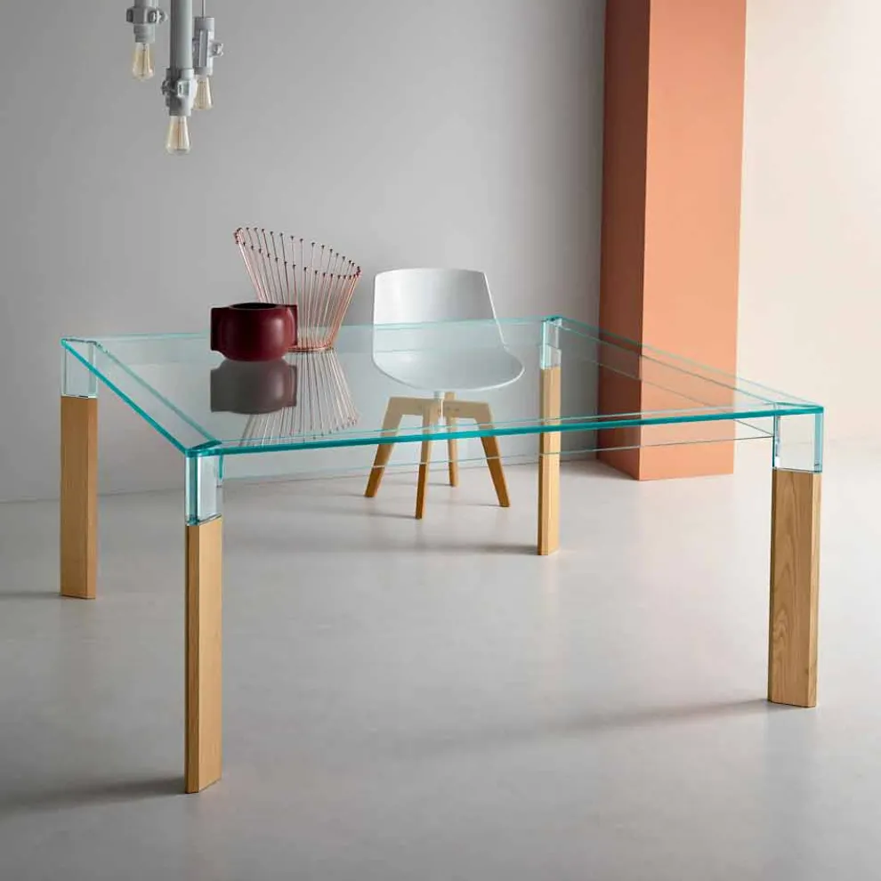 Esstisch Glasplatte und Massivholzbasis Made in Italy - Presino