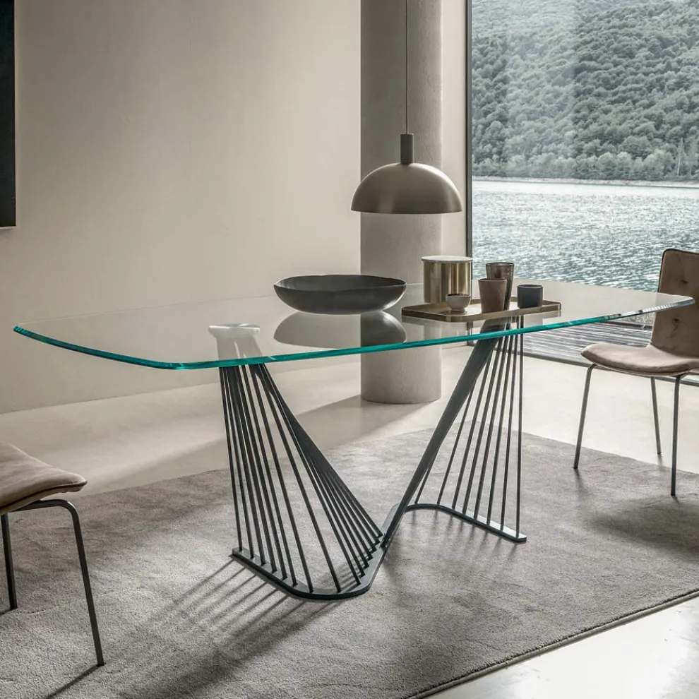 Esstisch Glasplatte und Metallseile Basis 2 Größen - Alariko
