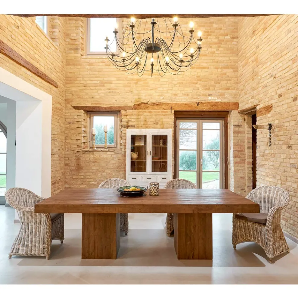 Esstisch mit Doppelfuß und 4 Rattanstühlen - Slide