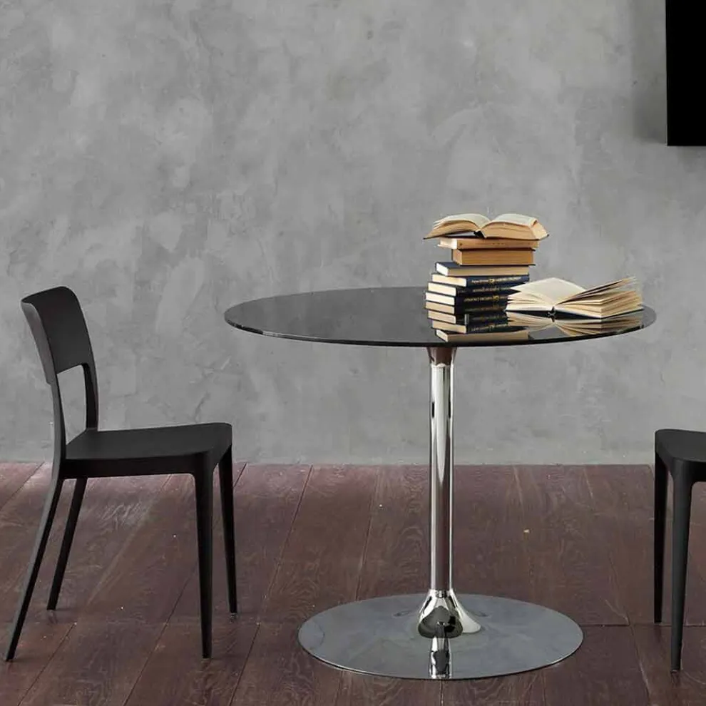 Esstisch mit Kristallplatte und verchromter Basis Hergestellt in Italien - Tallio