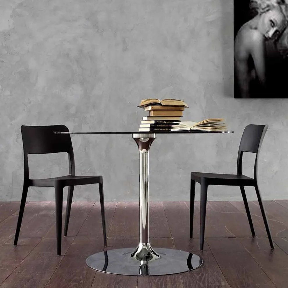 Esstisch mit Kristallplatte und verchromter Basis Hergestellt in Italien - Tallio