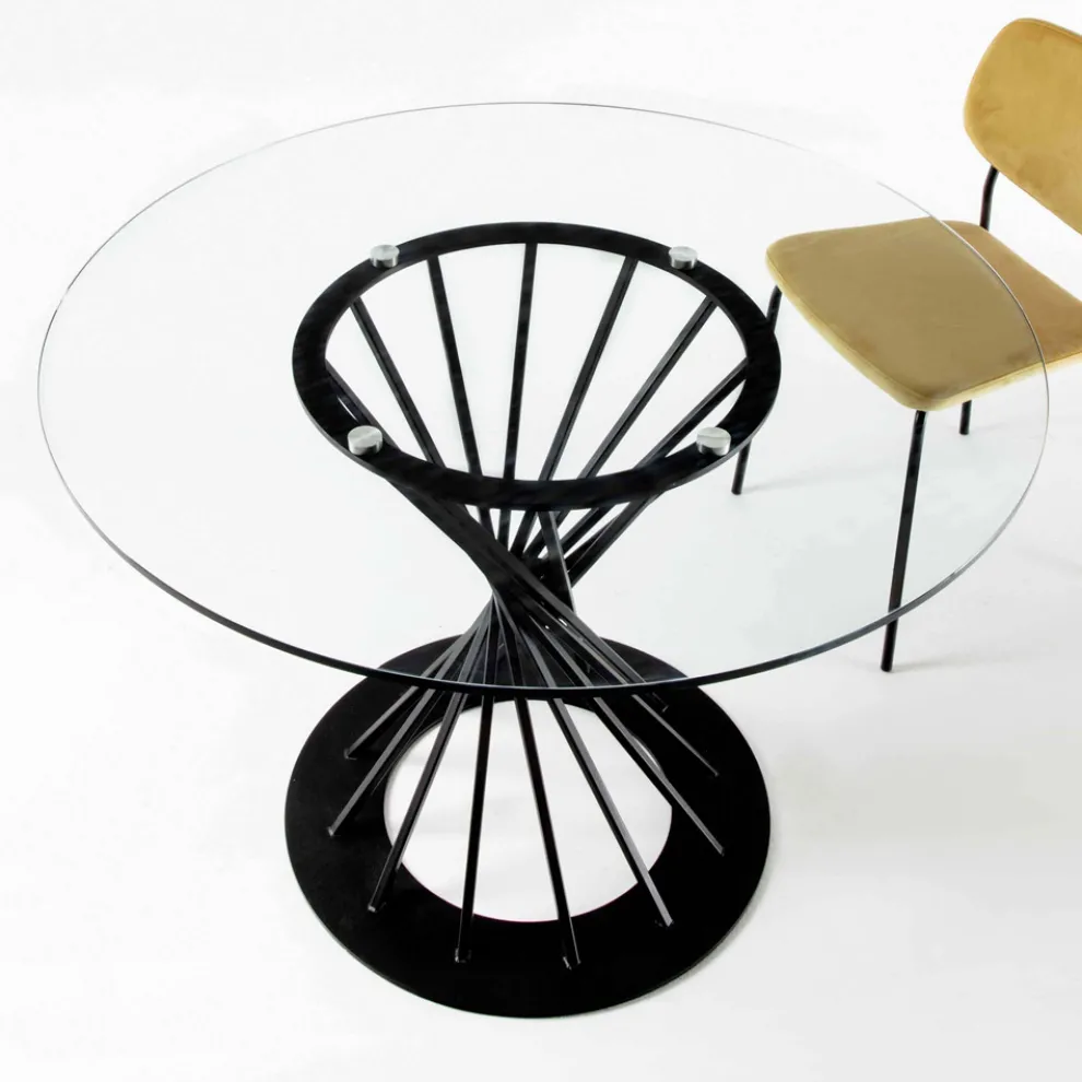 Esstisch mit runder Platte aus gehärtetem Glas und Stahlsockel - Mileto