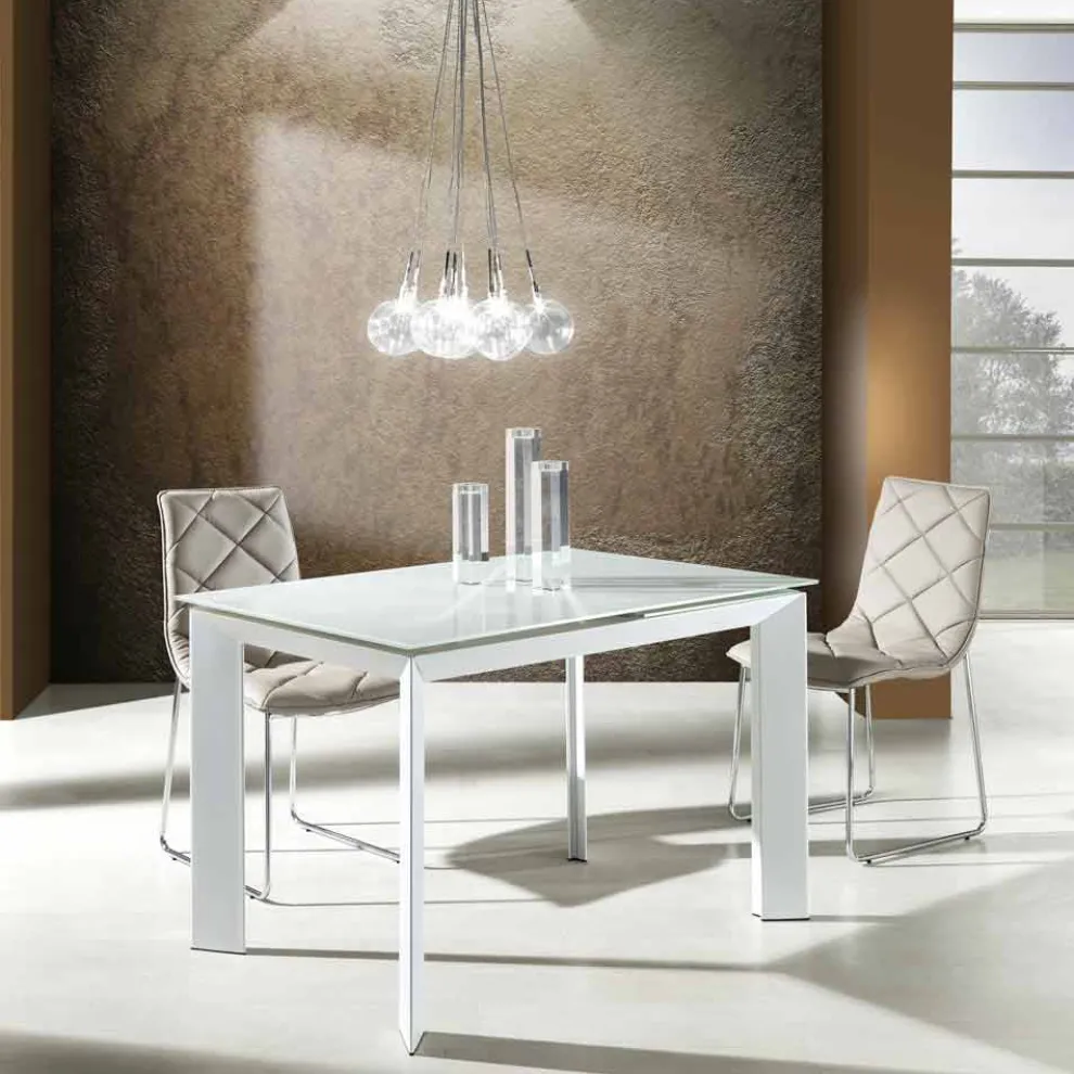Esstisch mit Zeno weiß lackiertem Hartglas