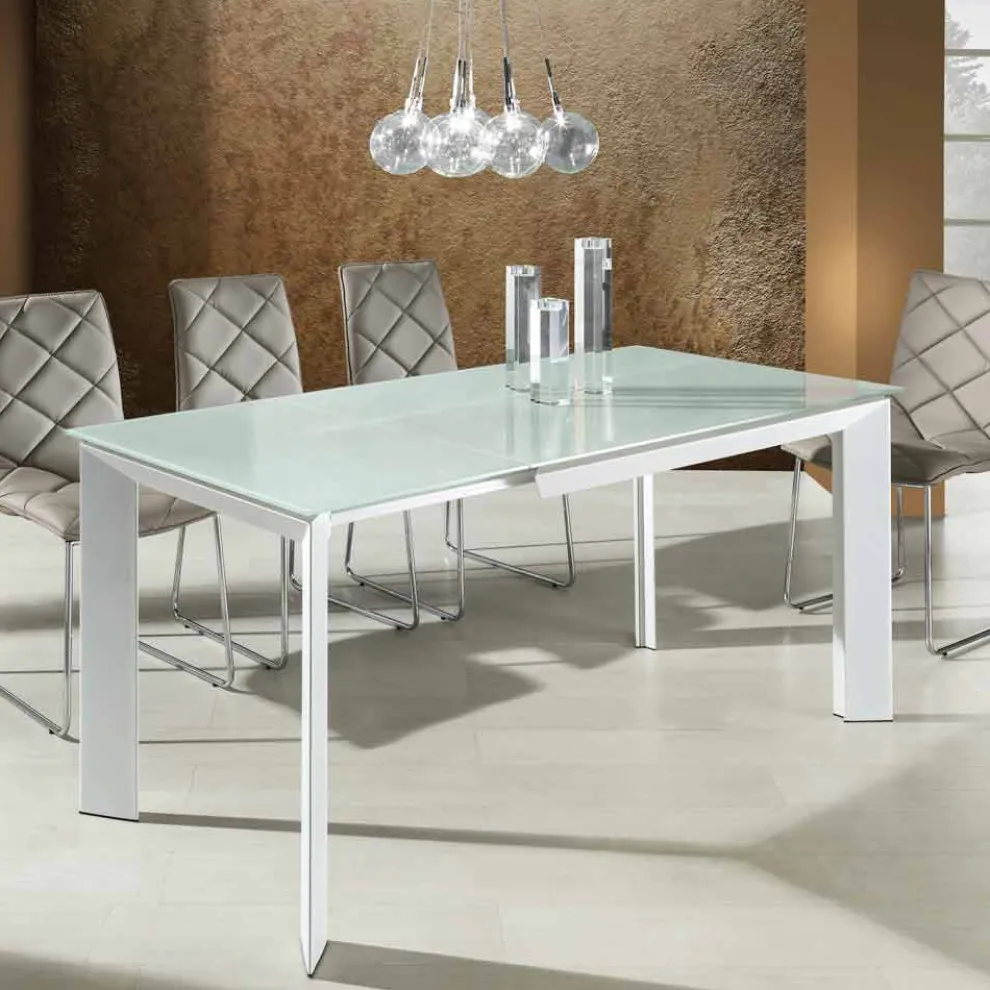 Esstisch mit Zeno weiß lackiertem Hartglas