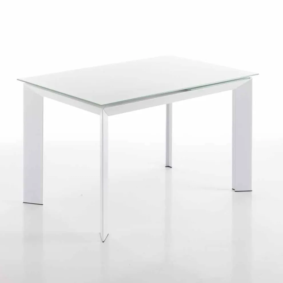 Esstisch mit Zeno weiß lackiertem Hartglas