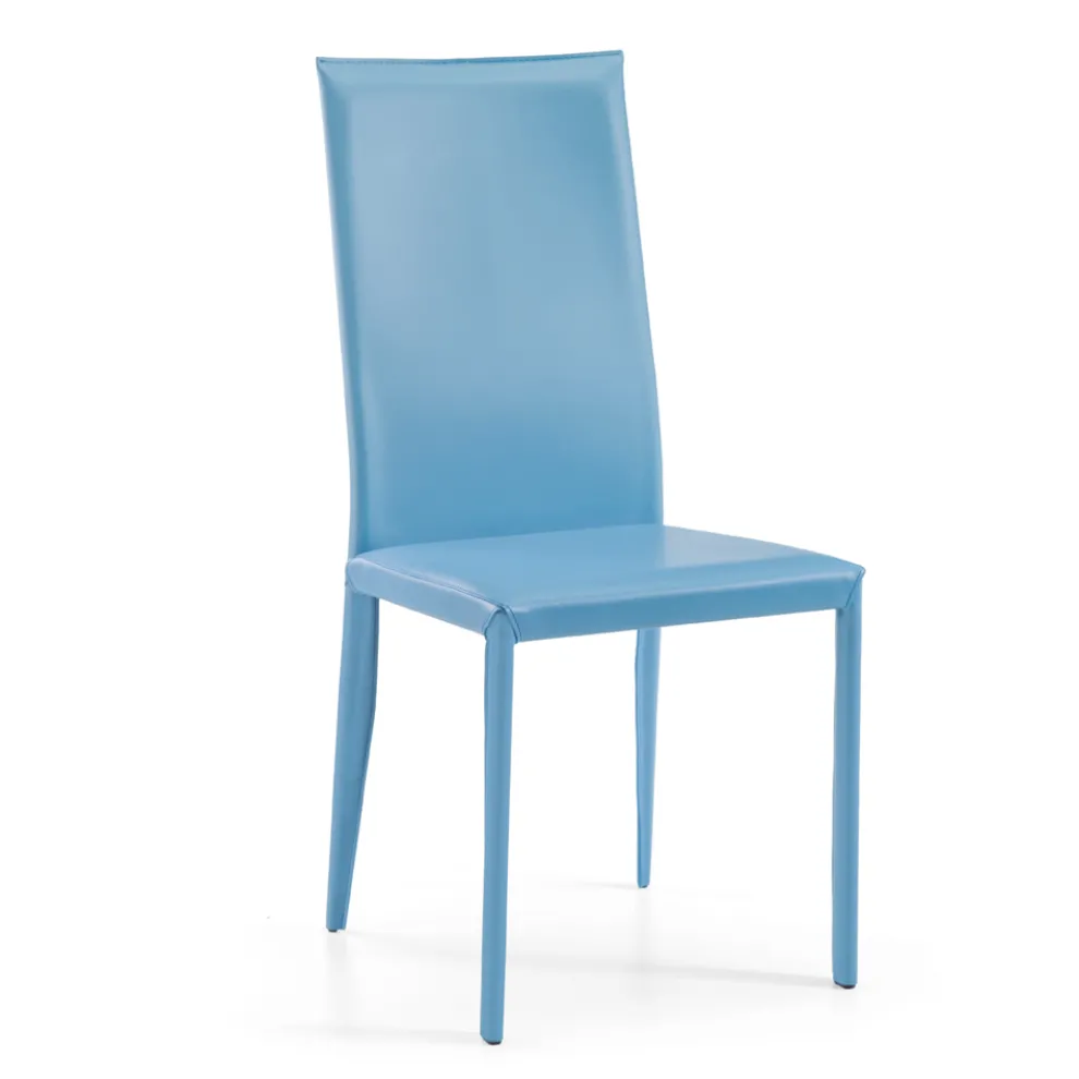 Esszimmerstuhl mit hoher Rückenlehne aus blauem Leder, hergestellt in Italien – Lenkräder