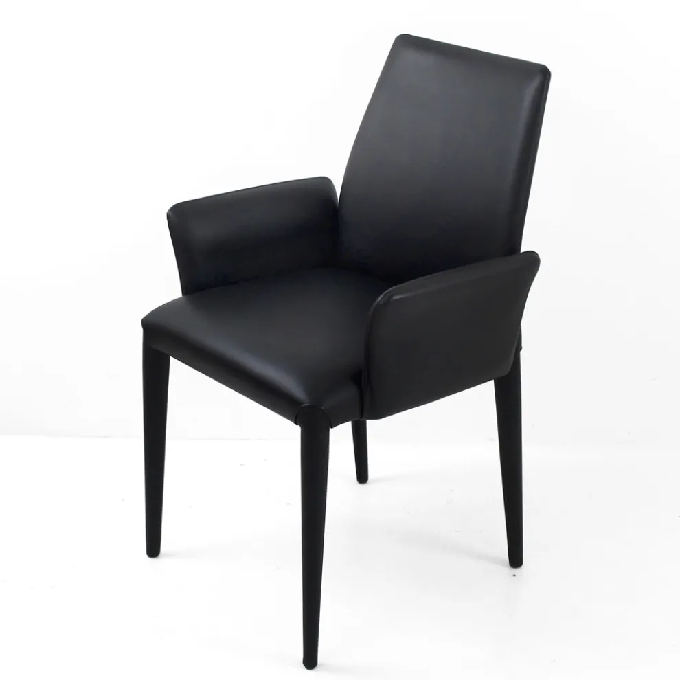 Esszimmerstuhl mit Armlehnen mit schwarzem Leder bezogen Made in Italy - Meyer