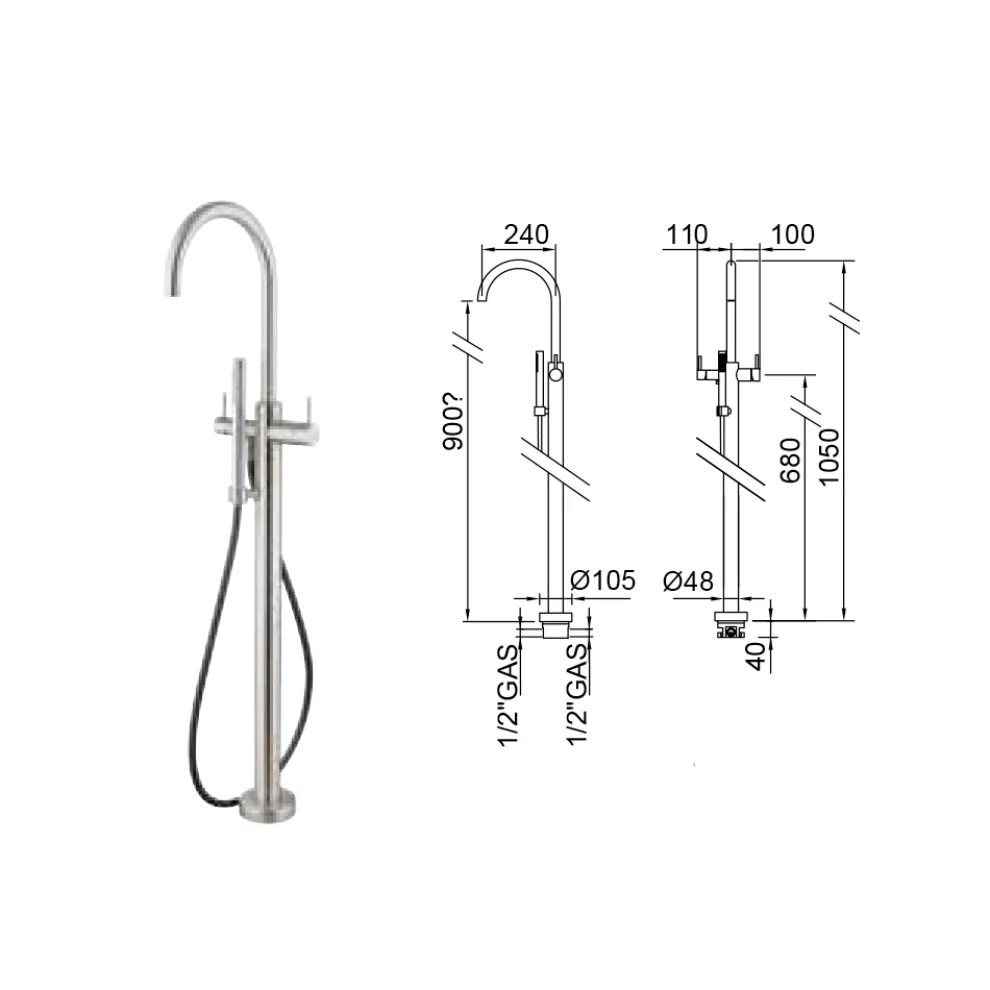 Externer bodenstehender Badewannenmischer aus Edelstahl AISI 316L - Krallen