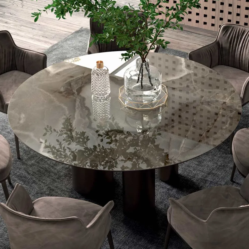 Fester runder Tisch aus Keramik und Stahl, hergestellt in Italien – Schere