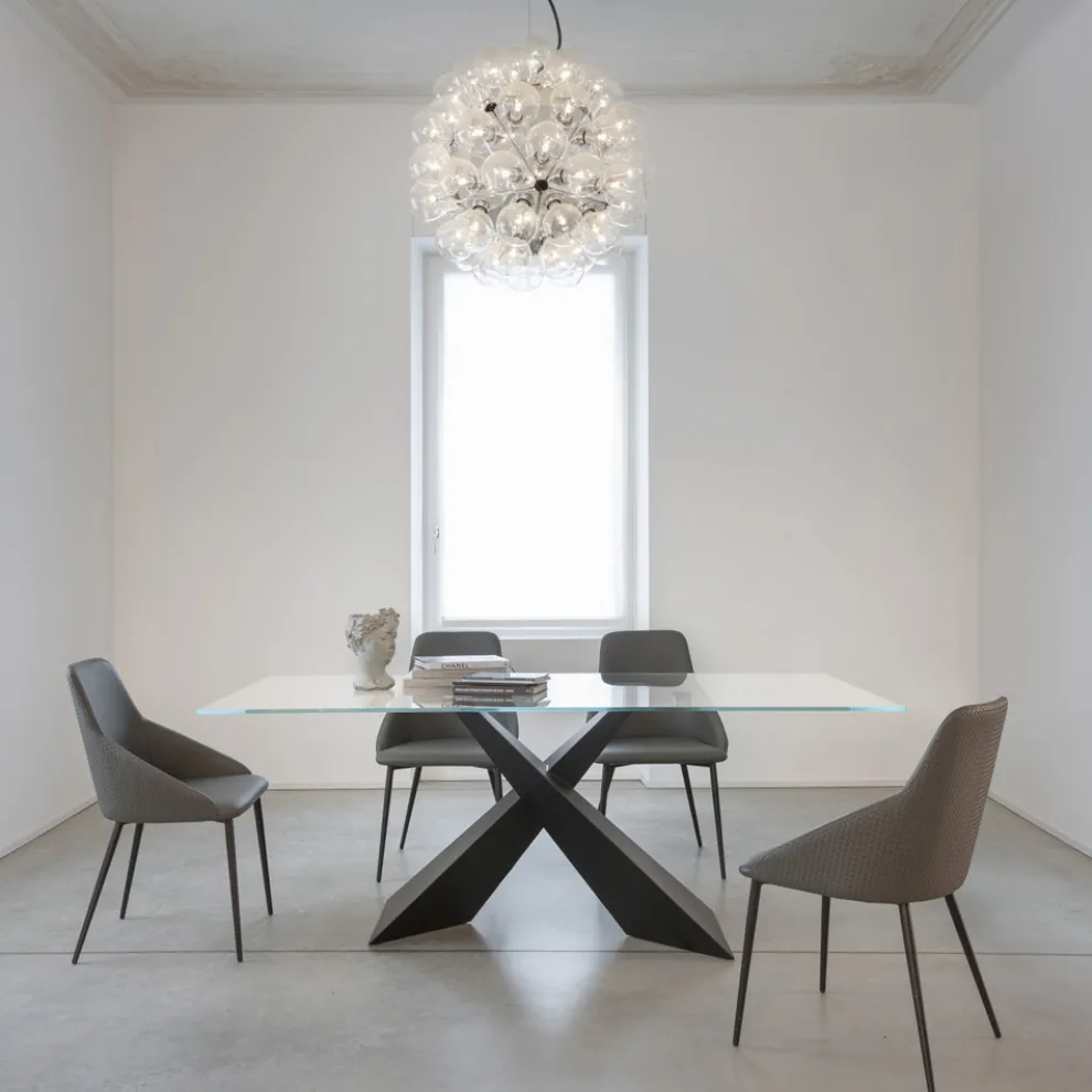 Fester Tisch aus Metall und transparenter Platte aus gehärtetem Glas - Talvoro