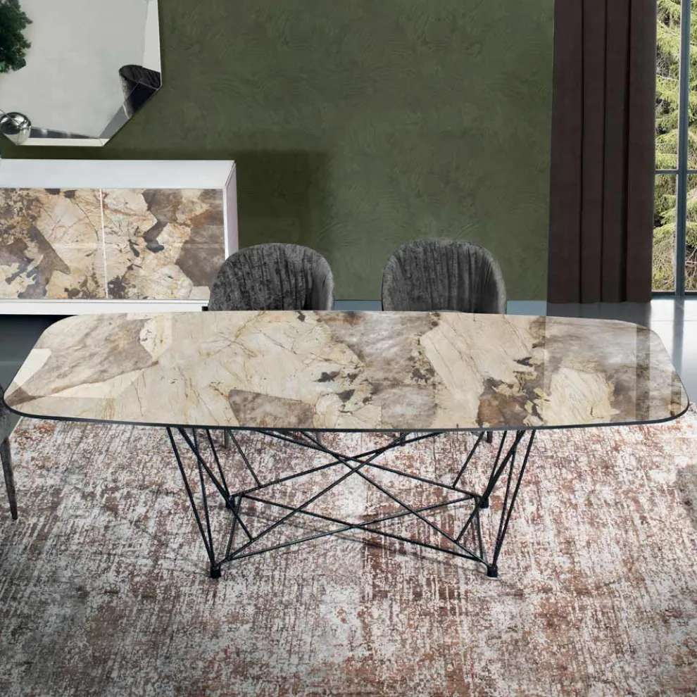 Fester Tisch mit fassförmiger Keramikplatte und Stahlgestell, hergestellt in Italien – Ezzellino