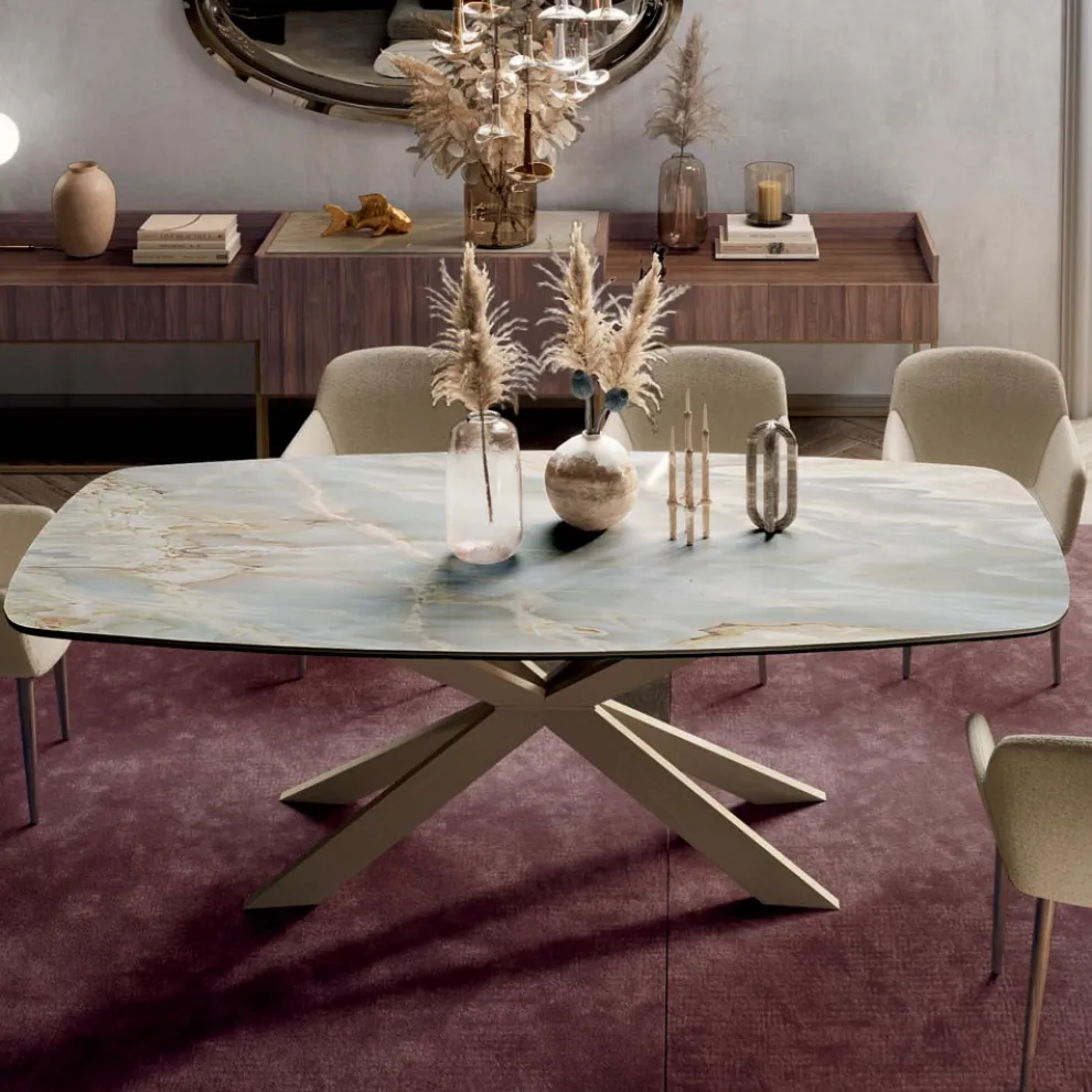 Fester Tisch mit polierter silberner Onyx-Keramikplatte, hergestellt in Italien – Grotta