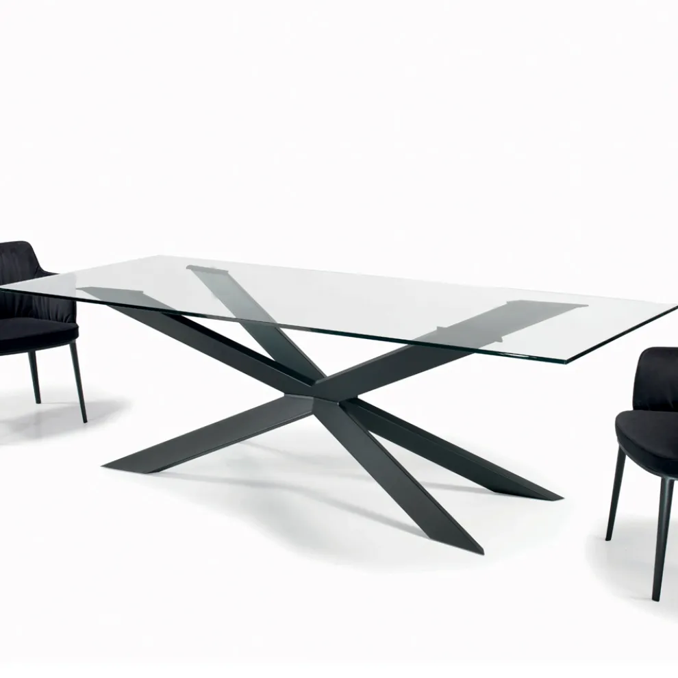 Fester Tisch mit umgekehrter Kante aus extraklarem Glas und Stahl, hergestellt in Italien – Grotta