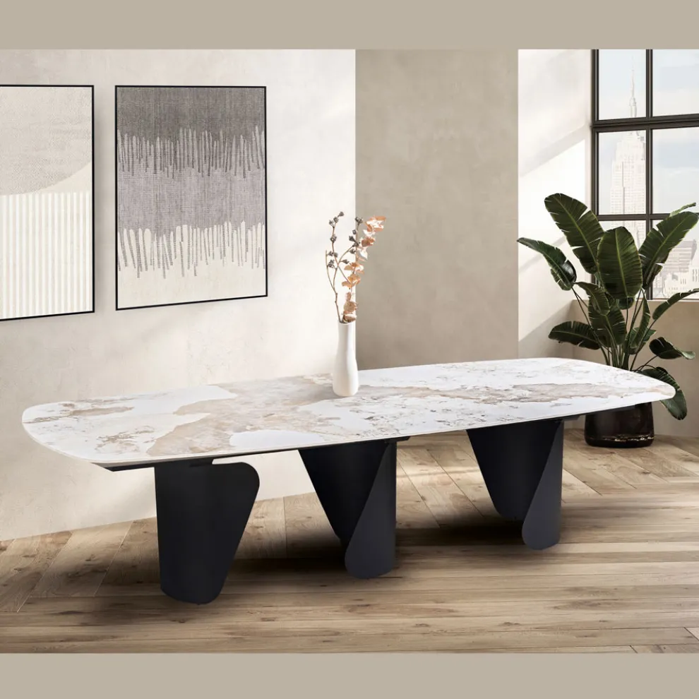 Fester Tisch 300x120 cm aus Metall und gesinterter Steinplatte - Valmira