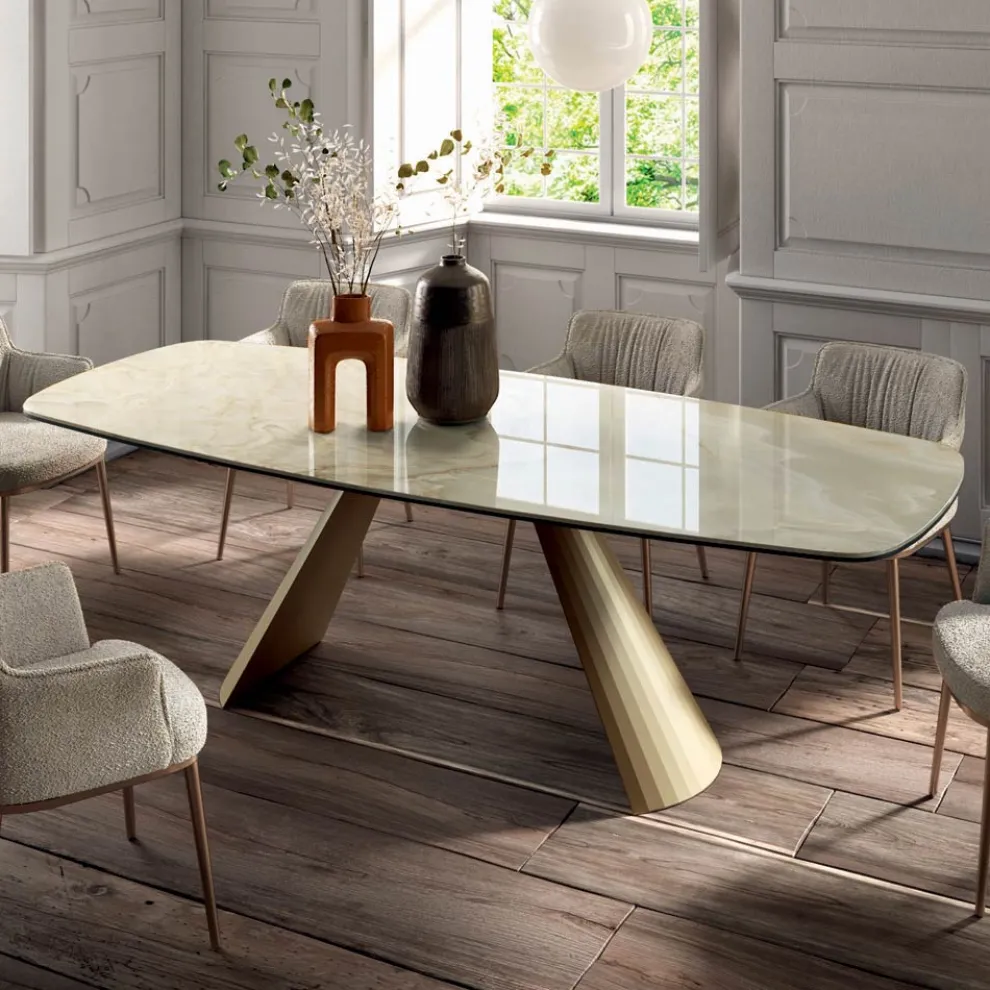 Fester Wohnzimmertisch mit tonnenförmiger Platte aus Keramik, hergestellt in Italien – Gläser