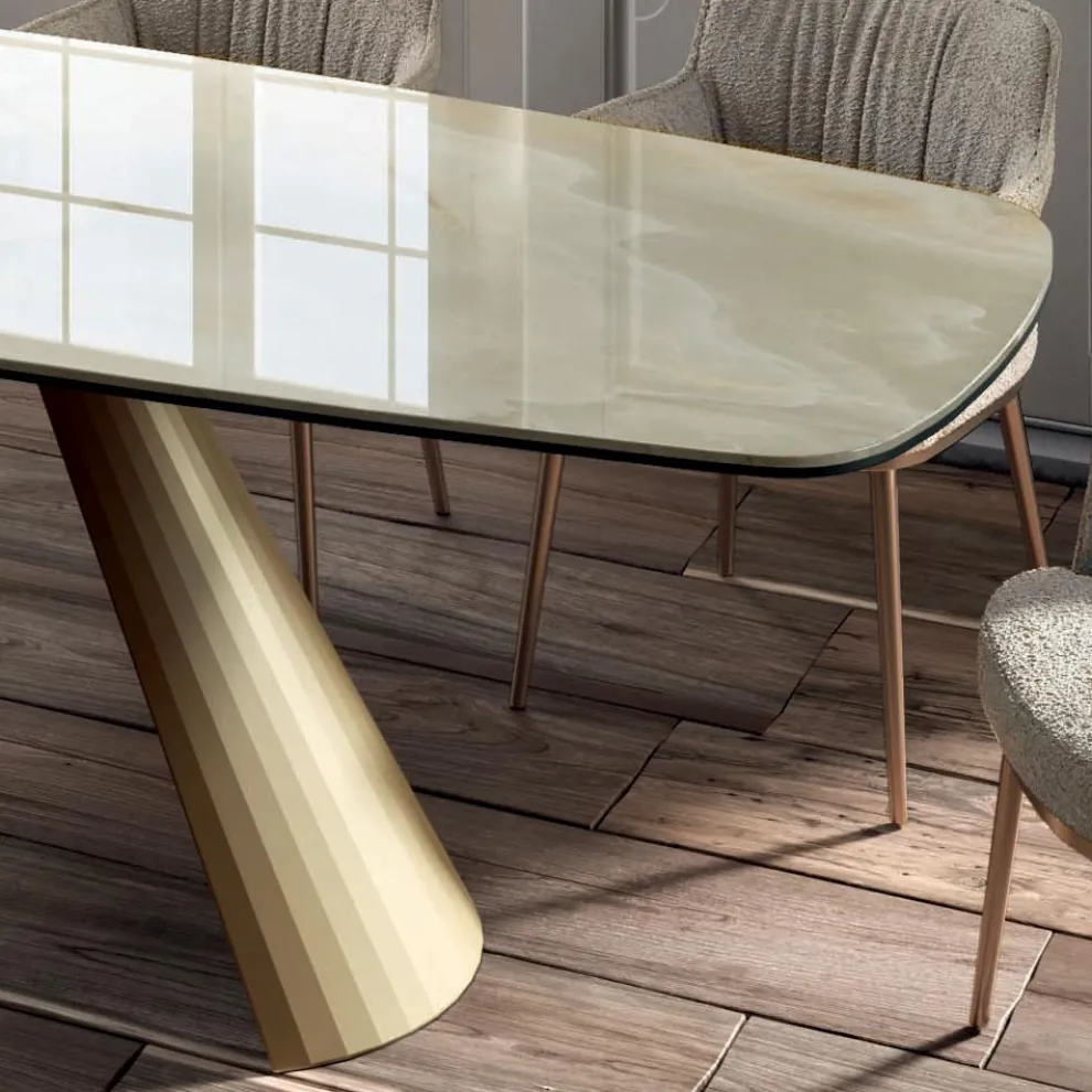 Fester Wohnzimmertisch mit tonnenförmiger Platte aus Keramik, hergestellt in Italien – Gläser