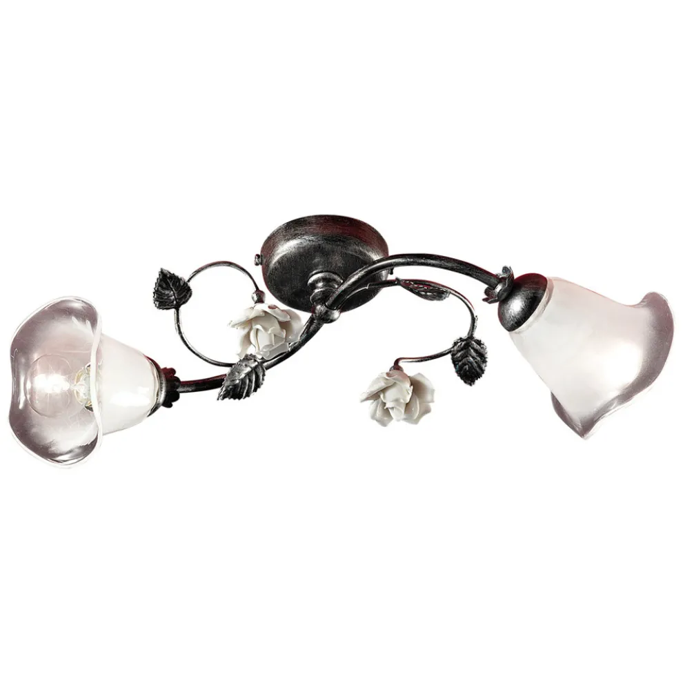 2-flammige Deckenleuchte aus Eisen, Glas und Rosen mit Keramikdekor - Siena